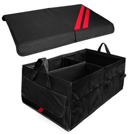 YOSRTER Car Trunk Organizer for Dodge Charger Durango Challenger Ram Collapsible Storage Box with Handle Foldable Lid Non Slip Bottom 2 Compartment Sturdy Base Panel for Dodge Accessories(Red Trim)