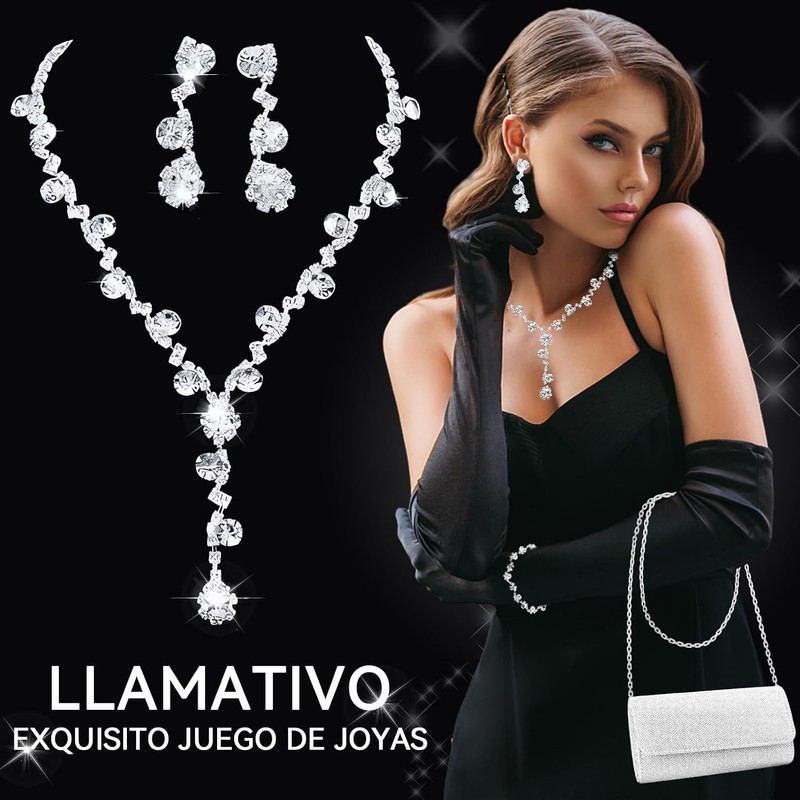Conjuntos de joyería de Cristal, Embrague de Plata, Collar y