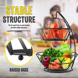 CuttleLab 2 Tier Fruit Basket with Banana Hanger and Fruit Bowl. Fruit Bowl for Kitchen Counter with Banana Holder used as Bread Basket, Vegetable Basket, Produce Basket, Egg Holder