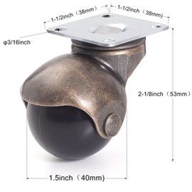 1.5 Inch Ball Caster Wheels - Small Furniture Casters Set of 4, Antique Brass Top Plate Castors for Coffee Table, Ottoman (Screws Included)