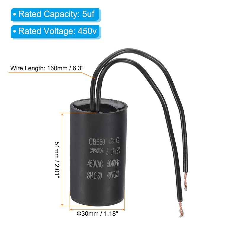 PATIKIL 5uf CBB60 Run Capacitor, AC 450V 2 Wires 50/60Hz