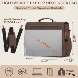 RAINSMORE Messenger Bag for Men 17-17.3 Inch Laptop Bag Water-resistant Canvas Computer Shoulder Bag Office Work Briefcase Large Casual Satchel Bags for Men Bookbag for College, Coffee
