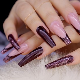 Bling Coffin Press on Nails Acrylic Fake Nails French Tips Full Cover Medium Square False Nails with Designs 24 Pcs Stick on Nails for Women and Girls, Pink&Wine Red