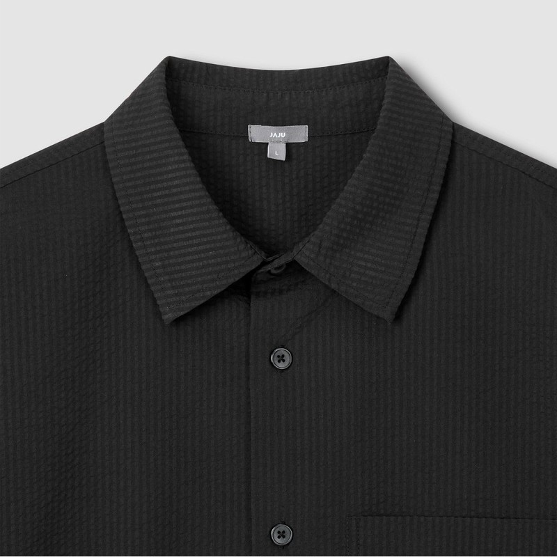 JAJU Men's Seersucker Short-Sleeve Shirt_Black