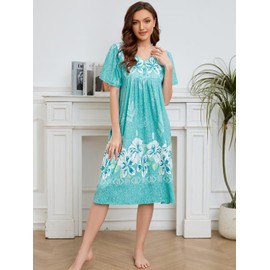 udforsk House Dress for Women Nightgown Plus Size Mumu Dresses Summer Lounge Dresses Duster Housecoats Elderly Moo Moos Patio Dress Florar Sleepwear Momo Dresses for Women Duster Coat Women Green XL
