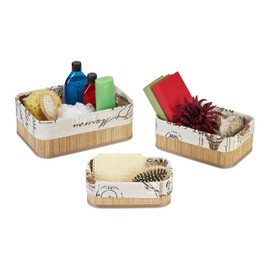 Relaxdays Set of 3 Storage Baskets in 3 Sizes, Bamboo & Polyester, Stackable Bathroom Baskets, Natural/Cream