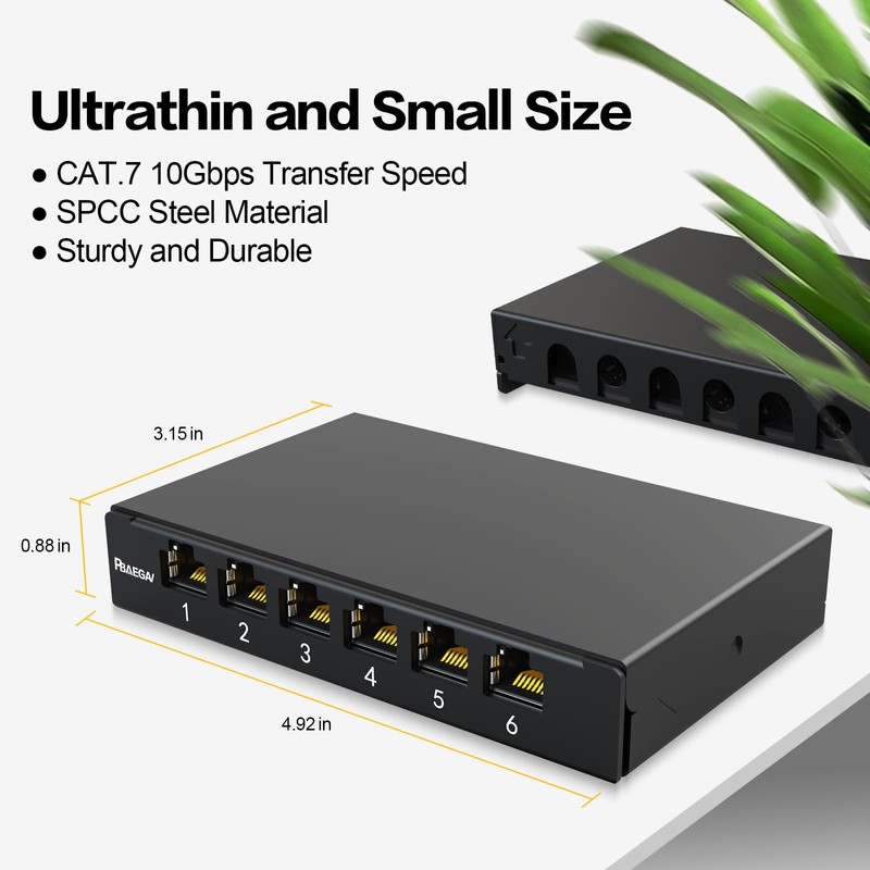 PBAEGAV Patch Panel 6 Port 0.5U with 6pcs CAT7 Coupler