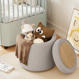 ComfyCorner Round Ottoman with Storage, Small Ottoman Foot Rest, Footstool, Boucle Upholstered Vanity Stool, Storage Ottoman with Wood Frame and Base for Living Room, Grey