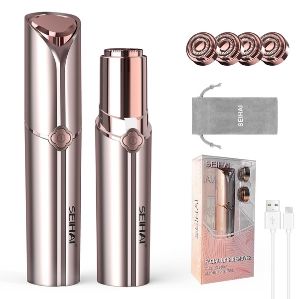 Facial Hair Removal for Women, Hair Removal Device(2023 Deluxe), SEIHAI Rechargeable Hair Remover/face shavers, Facial Hair Remover for Upper Lip, Chin, Included 4 x Replacement Heads