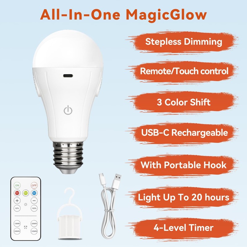 Neporal MagicGlow Rechargeable Light Bulbs with Remote – Battery Operated,