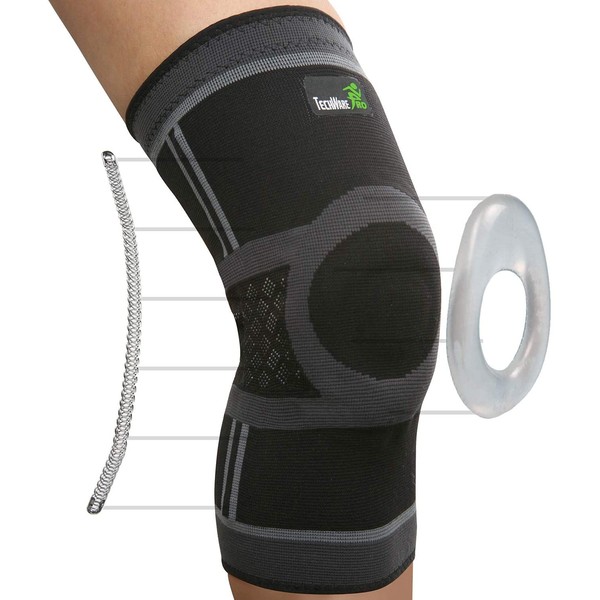 TechWare Pro Knee Compression Sleeve - Knee Brace for Men & Women with Side Stabilizers & Patella Gel Pads for Knee Support. Meniscus Tear, Arthritis, Joint Pain Relief. 5 Sizes. Single Pack