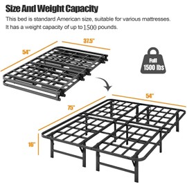 ZIYOO Heavy Duty Full Size Folding Bed Frame, 16 Inch High Metal Platform Bed Frame Full, No Box Spring Needed, Sturdy Steel Frame for Mattress, Easy Assembly, Noise Free, Black
