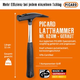 PICARD Roofing Hammer No. 620M 600g Roughened Magnetic Nail Holder GS Tested & VPA Certified Corrosion Resistant Ergonomic Handle 320 mm Length DIN 7239 Made in Germany Since 1857