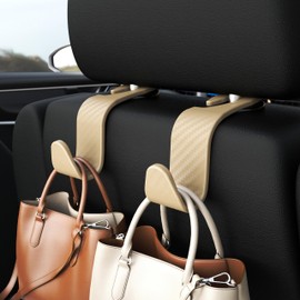 Amooca 4-Pack Car Headrest Hooks Vehicle Storage Organizer for Purses Handbags Groceries Coats – Heavy Duty 360° Rotating Simple Design Checkered Beige