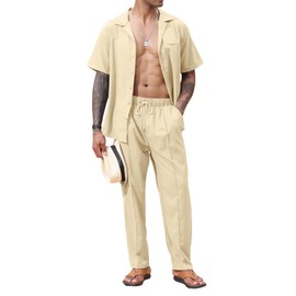 Lexiart - Conjunto de 2 piezas para hombre, ropa de playa con cuello cubano, camisa con botones, pantalones de cuerda, Caqui, XX-Large