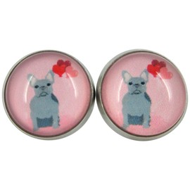 Summerfield Collection Stainless Steel Pink Gray French Bulldog Hearts Print Glass Stud Earrings 12mm