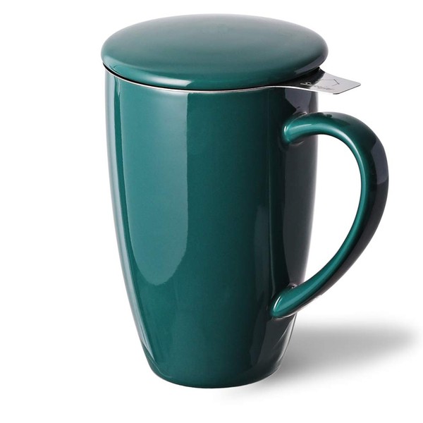 Sweejar Porcelain Tea Mug with Infuser and Lid,Teaware with Filter, Loose Leaf Tea Cup Steeper Maker, 16 Fl Oz for Tea/Coffee/Milk/Women/Office/Home/Gift (New Jade)