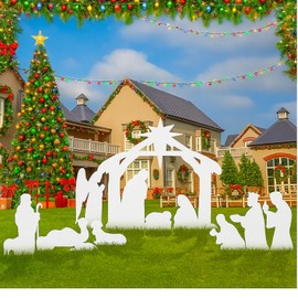 Anglechic 16 Pcs Large Christmas Outdoor Nativity Scene Set with Lumen Light White Weatherproof Holy Family Outdoor Decorations Nativity Set Lawn Signs for Xmas Holiday Yard Home Decorations