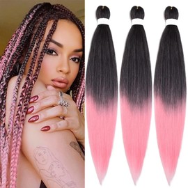 Braiding Hair Pre Stretched for Women Hair Extensions Box Braids Soft Synthetic Knotless Yaki Texture Hot Water Setting Braid Black to Pink (26inch 3Packs)