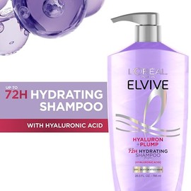 L'Oreal Paris Elvive Hyaluron Plump Champú hidratante para cabello deshidratado y seco infundido con complejo de cuidado de ácido hialurónico, sin par
