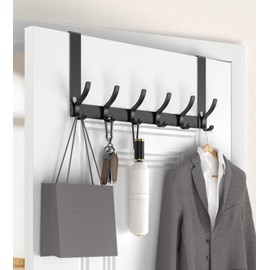 KitchLife Upgraded Over The Door Hooks Hanger with 7 inches Extended Arms, No Assembly Required, Fit for 1 3/8" Doors, Bathroom Towel Rack Organization, Thickened 1 Pack 6-Double Hook, Matte Black