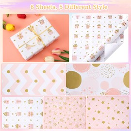 Wrapping Paper Sheets, 8 Sheets Birthday Wrapping Paper for Girls Women Female, Gift Wrap with 2 Tape for Birthday, Wedding, Party, Baby Shower, 70 X 50CM