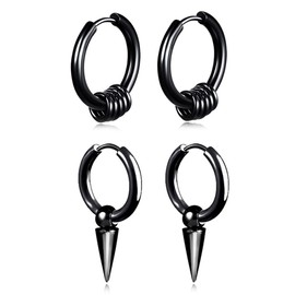 Small Hoop Earrings for Men Women With Cross Feather Spikes Ball Chain Dangle Charms Black Silver 316L Stainless Steel Punk Hip Hop Rock Gothic Kpop Huggies Earrings Set (Black-1)