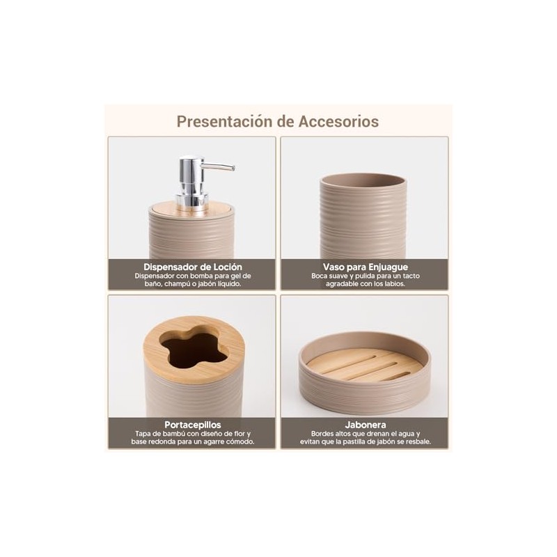 Accesorios para Baño juego 4 piezas, dispensador, soporte, vaso, jabonera