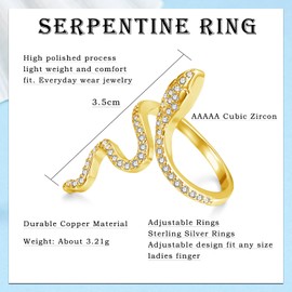 Josfeva Silver Snake Rings for Men and Women, Gothic Vintage Punk Style Ring, Adjustable 50-65 mm Open Snake Rings with Cubic Zirconia, Unisex Snake Rings with Gift Box, Birthday Gift, Cubic Zirconia