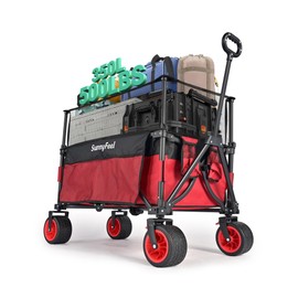 SunnyFeel Heavy Duty Collapsible Outdoor Utility Wagon Cart 500LB Capacity Adjustable Handlebar,Foldable Beach Wheels Stable Durable Oxford Fabric for Shopping Garden Camping (Red, Tall Version)