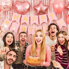 Rose Gold Birthday Princess Party Decorations for Women and Girls, Happy Birthday Banner with Foil Fringe Curtains, Confetti Balloons, Hanging Stars, Cupcake Toppers for Party Backdrop
