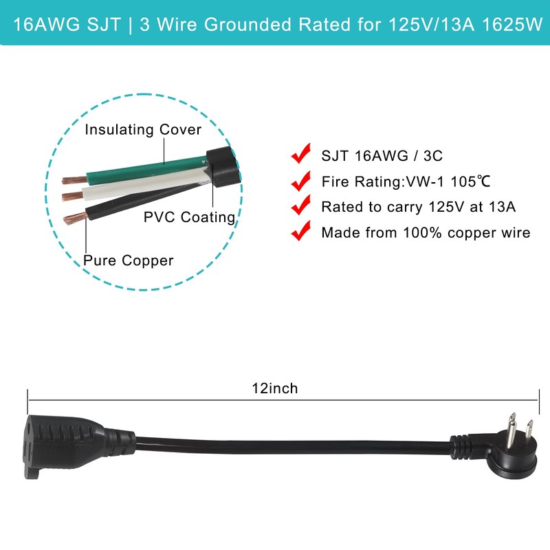 Cable de extensión de enchufe plano corto de 1 pie,