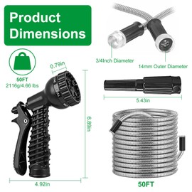 Zorpupoa 50FT Stainless Steel Garden Hose Metal, Garden Hose Puncture Proof Hose with Multifunction Nozzle & Sprayer, Kink Free Flexible Lightweight Outdoor Water Hose