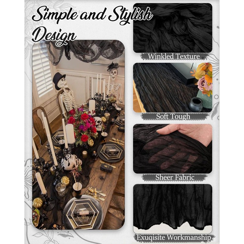 FuSenYuan Black Cheesecloth Table Runner 10FT 1Pack Rustic Boho Gauze