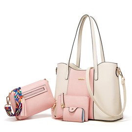 Women Fashion Handbags Wallet Tote Bag Shoulder Bag Top Handle Satchel Purse Set 4pcs Pink Beige-l