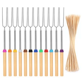 AROMUJOY Stick Bread Skewers, Stainless Steel, Pack of 12 Stick Bread Sticks, Roasting Sticks, Kebab Skewers, Extendable 31 cm - 81 cm with 100 Bamboo Sticks, Barbecue Skewers Telescopic with Wooden
