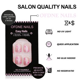 Valentines Press on Nails Short Square OFDNE Pink Gradient Fake Nails False Nails with Designs Pink & White Heart Glitter Glossy Glue on Nails Valentine's Day Acrylic Nails for Women Girls 24 Pcs