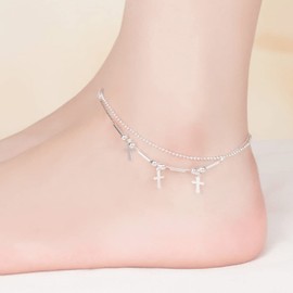 Chereda 925 Silver Geometry Anklets For Women Cross Beads Double Layer Chain Anklet Beach Foot Jewelry Lady Birthday Party Gifts