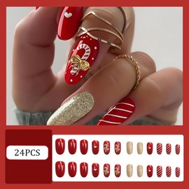 RUPOFUZA Christmas Press on Nails Medium Length Almond Fake Nails Red Winter Gel Nails with Gold Bow Nails Glue On Xmas Design False Nails Artificial Acrylic Nails 24pcs