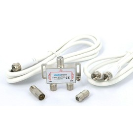 electrosmart 2 Way Splitter Kit suitable for Freeview Aerial or Cable TV or Broadband - Includes F Type 2450MHz Splitter 2 x White 1.5m Cables and Connectors