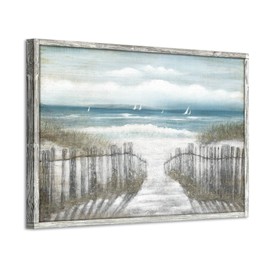 Abstract Beach Wooden Wall Art: Seascape Artwork Seaside Path Hand Painted Oil Painting Framed for Living Room (36”W x 24”H, Multi-Sized)