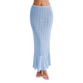 Saodimallsu Womens Crochet Cover Up Skirt High Waisted Sheer Knit Summer Swimsuit Coverup Beach Fishtail Maxi Skirts Light Blue