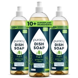 Puracy Natural Dish Soap Packs- Skin-Softening Plant-Based Dishwashing Soap, Non-Toxic Dish Soap, Organic Liquid Dishwashing Detergent Soap (Green Tea & Lime, 16 fl oz, 3 Pack)