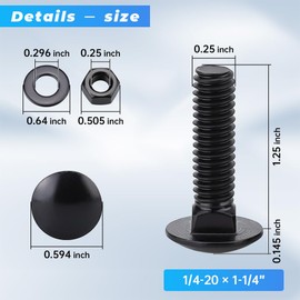 20 Sets 1/4-20 x 1-1/4" Black Carriage Bolts Screws and Hex Nuts & Flat Washers, 304 Stainless Steel 18-8, Round Head Square Neck, Full Thread Coverage