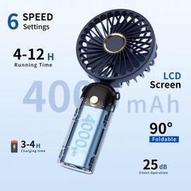 Handheld Mini Fan,USB Rechargeable Fodable Personal Fans 4000mAh,90 Adjustable, 6 Speed Strong Wind,Portable Fan Pocket Design 5 IN 1Cooling Table Fan for Office School Outdoor Travel,Blue