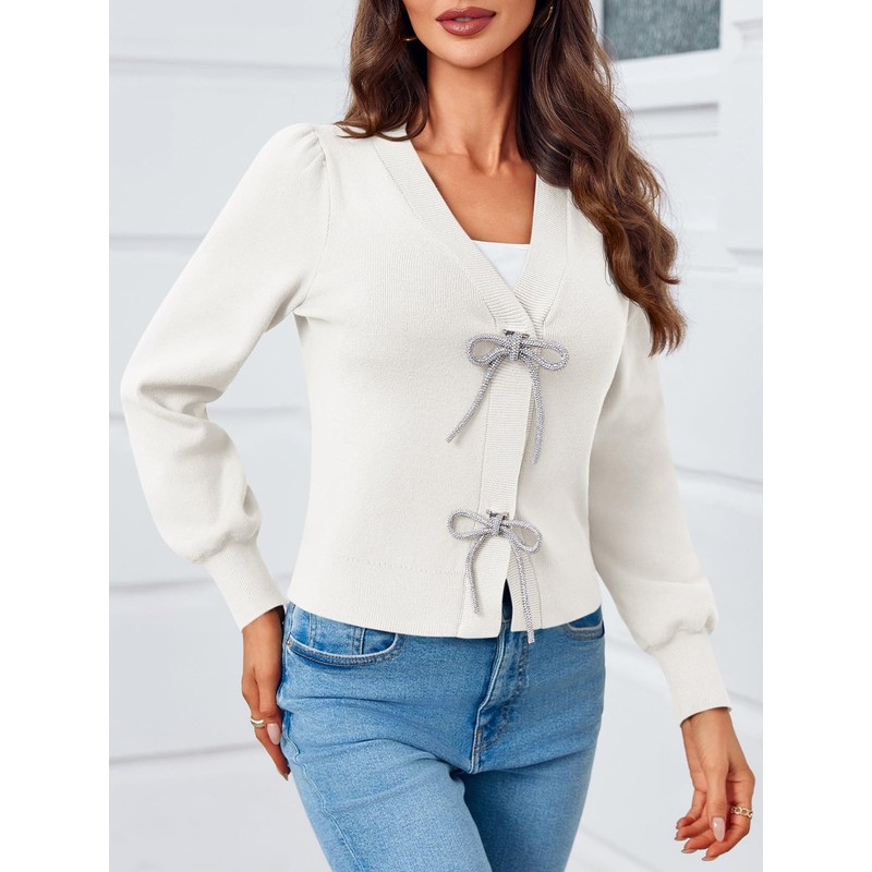 Saodimallsu Womens Puff Long Sleeve Sweaters V Neck Cropped Bow