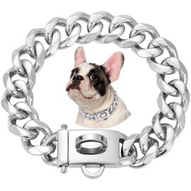 19mm Wide Solid Steel Dog Chain Collar with Steel Buckle, Heavy Duty Walking Metal Chains Collars,Cuban Link Strong Chew Proof for Dogs(Silver,22inch)