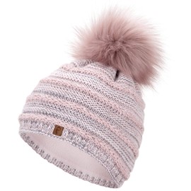 Faera Winter Hat Warm Lined Faux Fur Bobble Hat Fleece Lining Winter Knitted Hat Beanie Hat Women’s Men’s Unisex One Size -