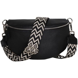 MIRROSI® Women's Bum Bag, Genuine Leather, Made in Italy, Shoulder Bag, Chest Bag, Crossbody Bag (1 Bag & 2 Straps), Black (bohemian black beige)