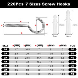 Celepoir 220 Pcs Screw in Hook Set with 30 Expansion Tube, 7 Sizes of Screw Hooks, Silver Ceiling Hooks with Threads, Metal Screws in Hook, Screws in Hook for Hanging Botanical, Teacup, Keys